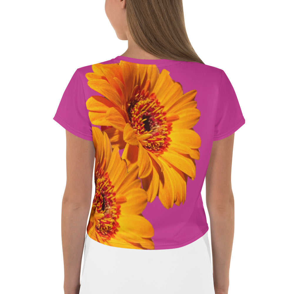 Purple Sky Pink Orange Floral Print Crop Tee