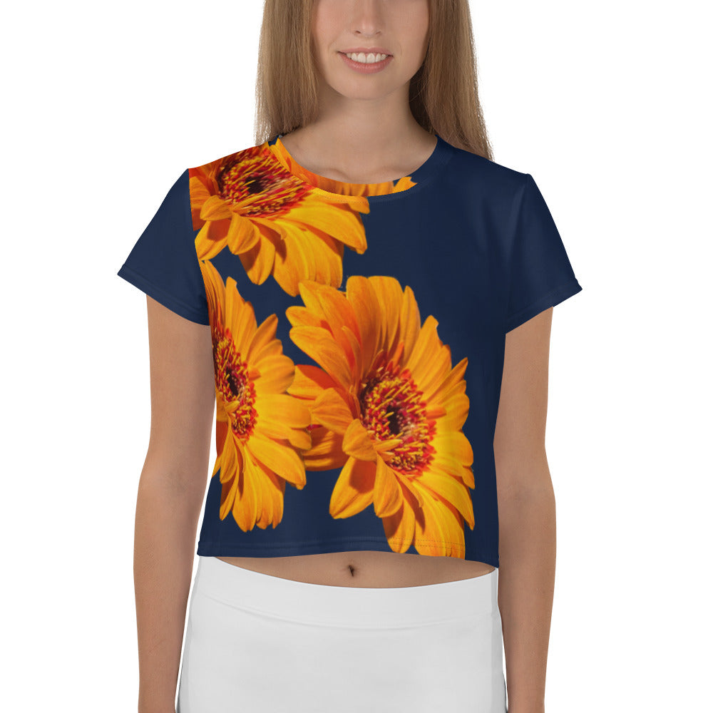 Purple Sky Black Orange Floral Print Crop Tee