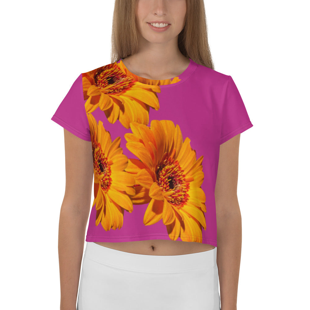 Purple Sky Pink Orange Floral Print Crop Tee