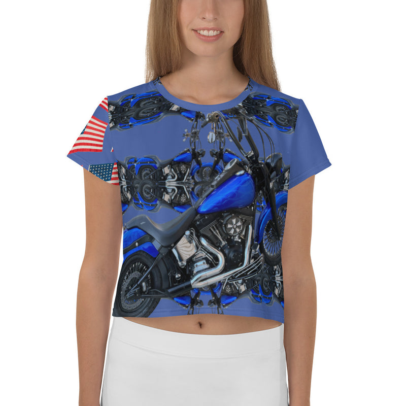 Purple Sky Motorcycle Patriotic Print Crop Tee