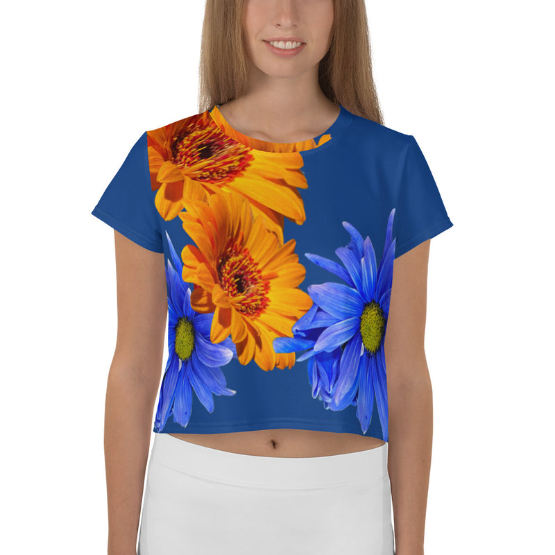 Purple Sky Blue Orange Floral Print Crop Tee