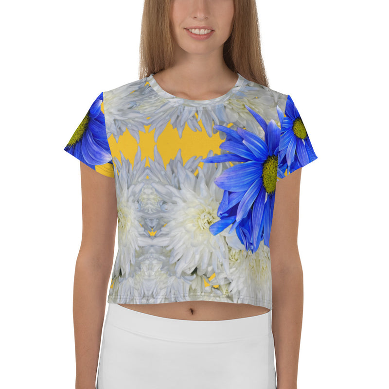 Purple Sky Blue White Floral Print Crop Tee