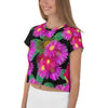 Purple Sky Black Purple Green Floral Print Crop Tee