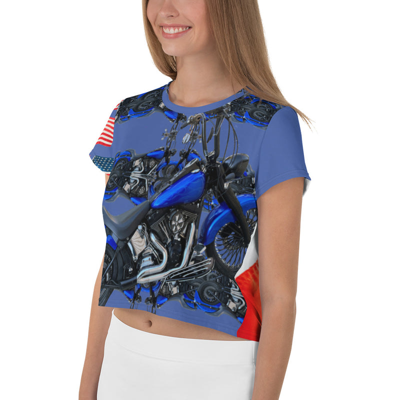 Purple Sky Motorcycle Patriotic Print Crop Tee