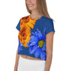 Purple Sky Blue Orange Floral Print Crop Tee