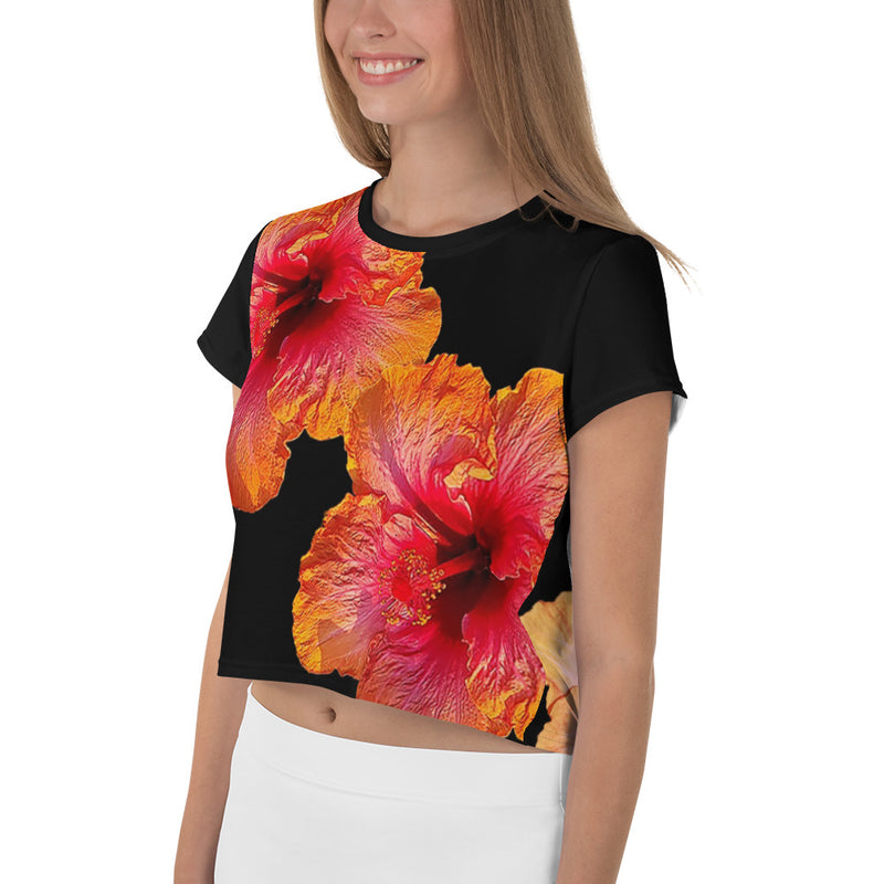 Purple Sky Black Orange Floral All-Over Print Crop Tee