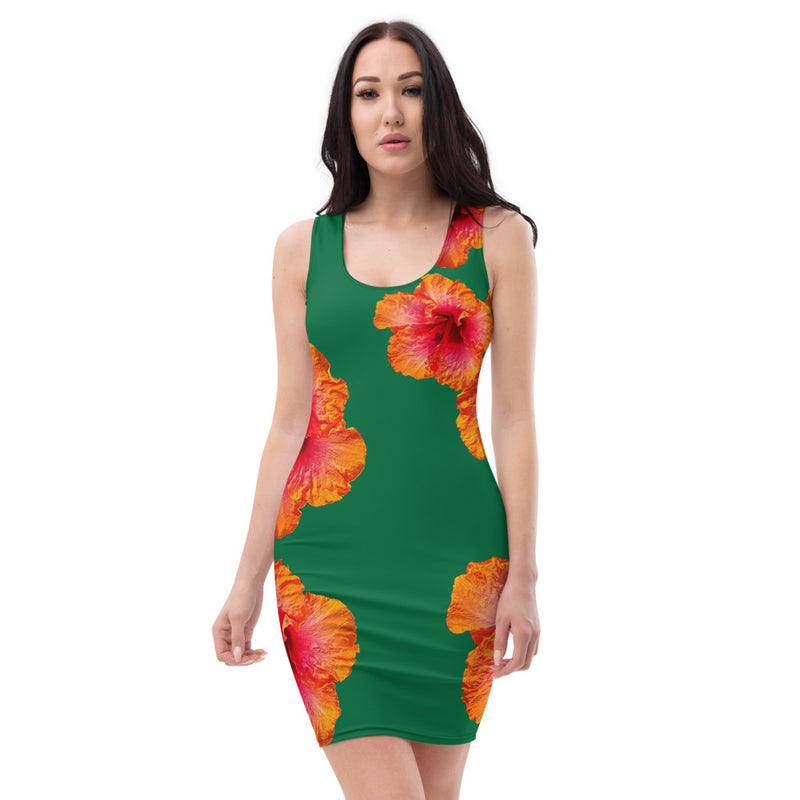 Purple Sky Orange Floral Print Green Tank Dress