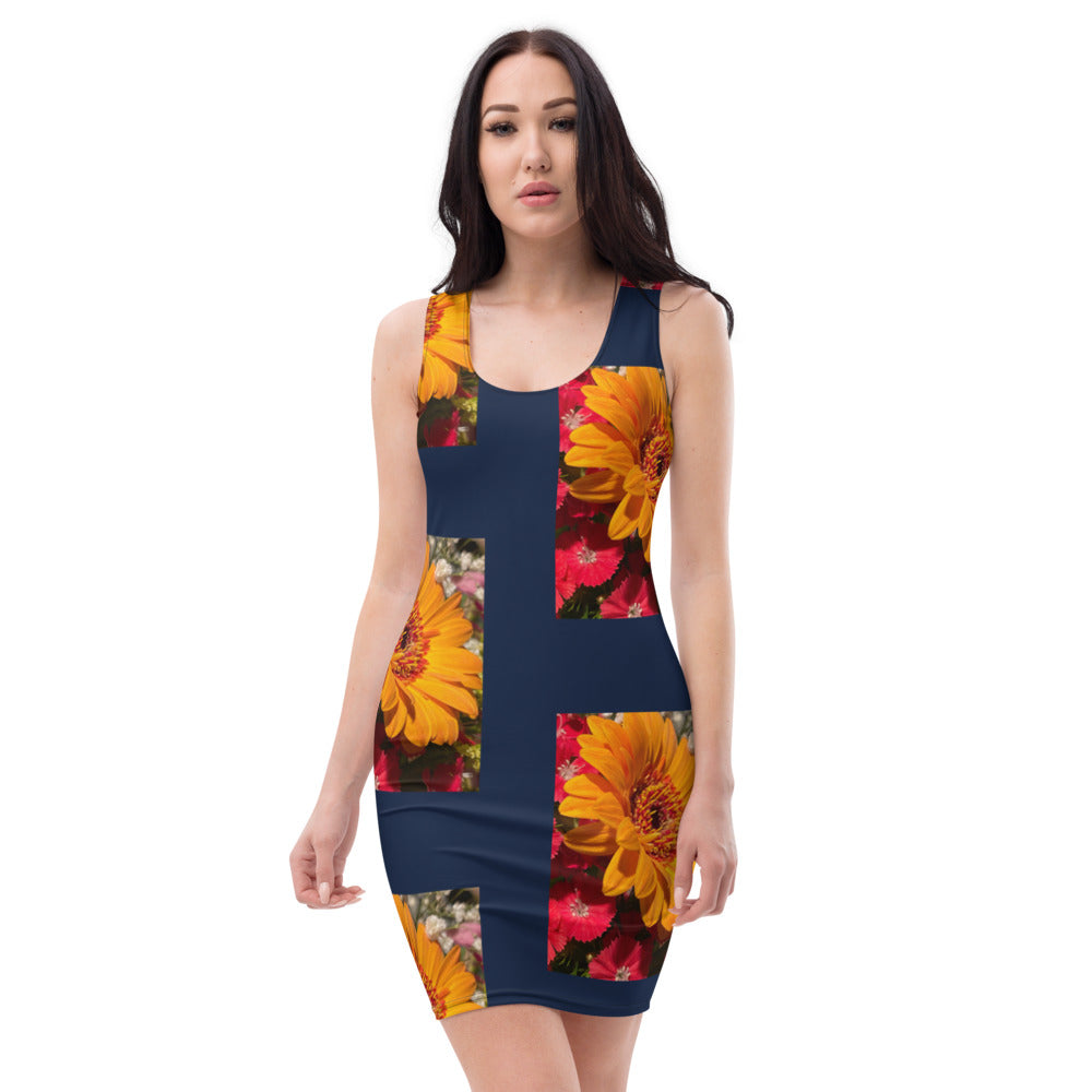 Purple Sky Orange Floral Print Black Tank Dress