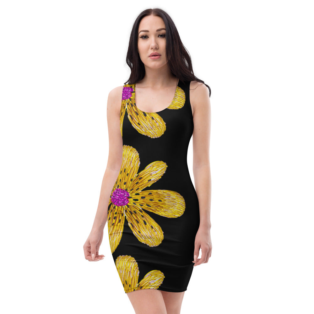 Purple Sky Gold Floral Print Black Tank Dress