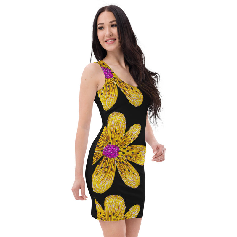 Purple Sky Gold Floral Print Black Tank Dress