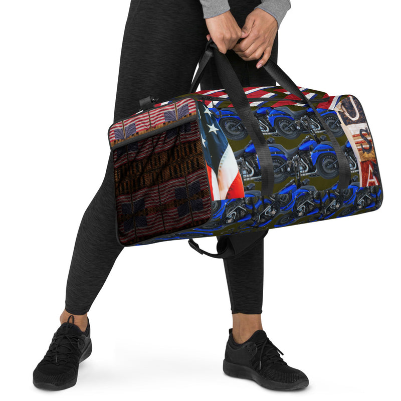 Purple Sky Motorcycle Patriotic Print Duffle Bag