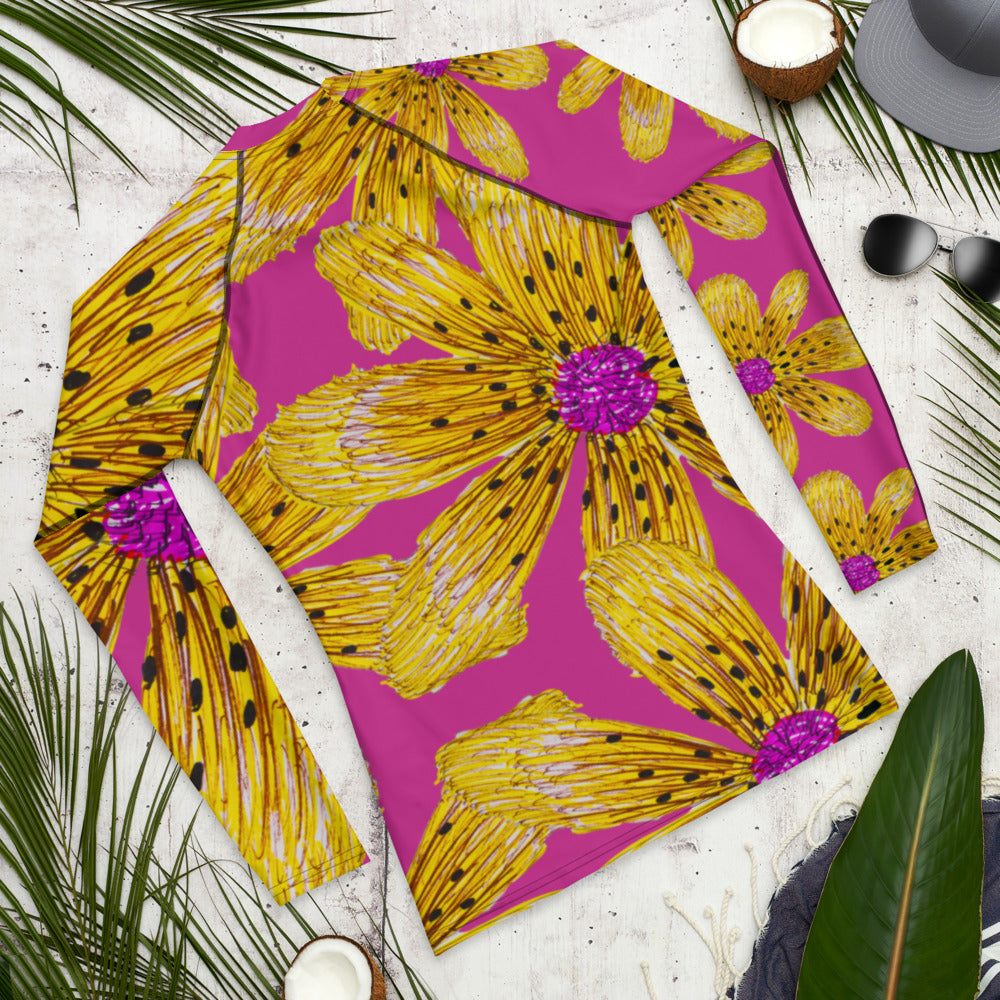 Purple Sky Gold Floral Print Purple Unisex Rash Guard