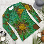 Purple Sky Green Floral Print Brown Unisex Rash Guard