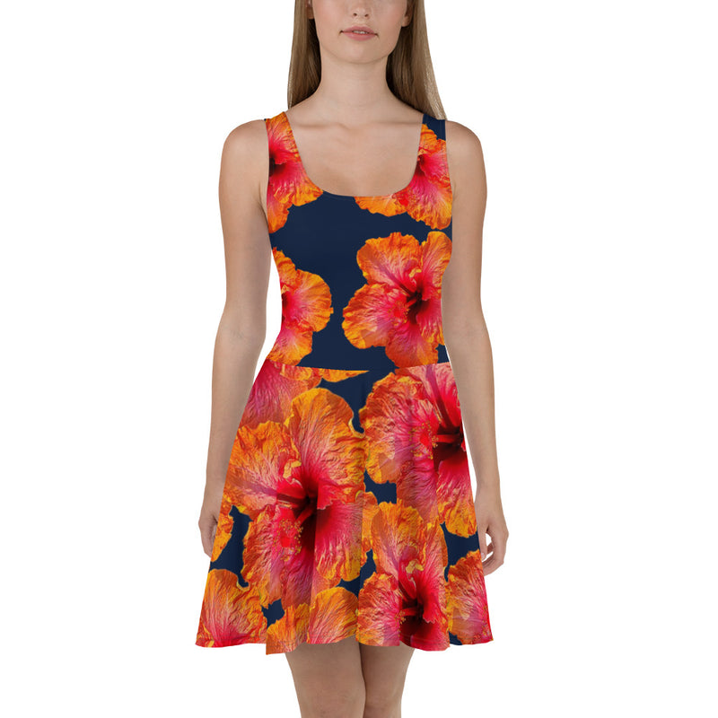 Purple Sky Black Orange Floral Print Skater Dress