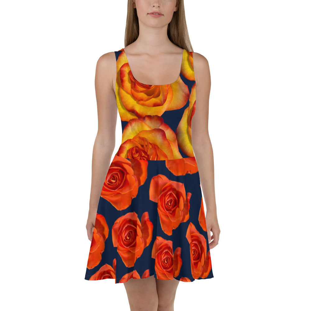 Purple Sky Orange Navy Floral Print Skater Dress