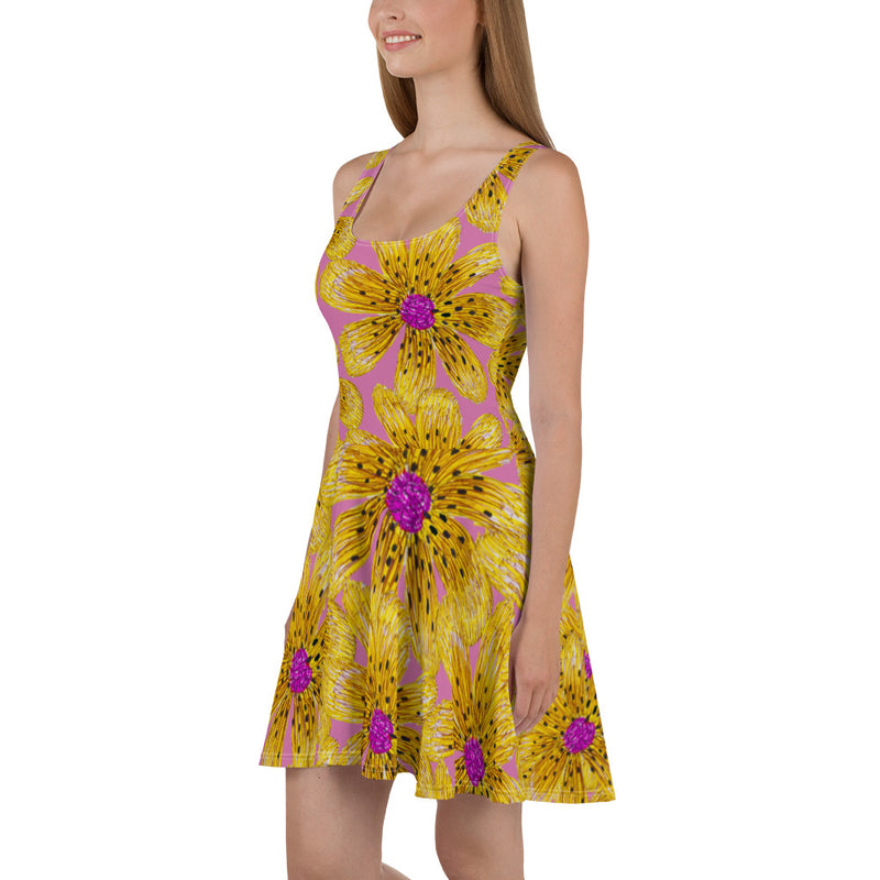 Purple Sky Purple Gold Floral Print Skater Dress