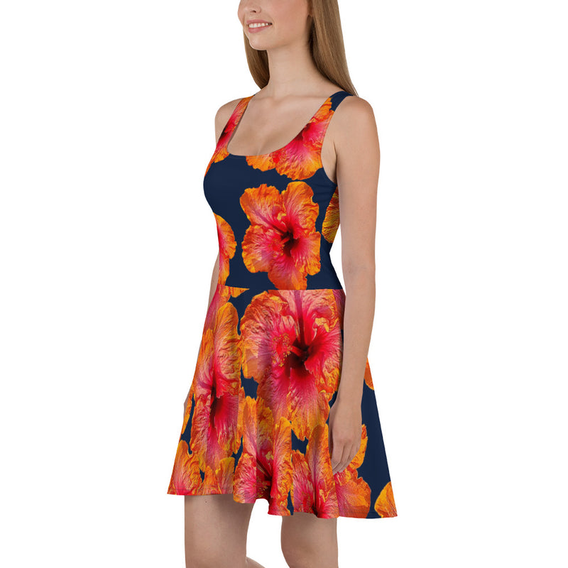 Purple Sky Black Orange Floral Print Skater Dress