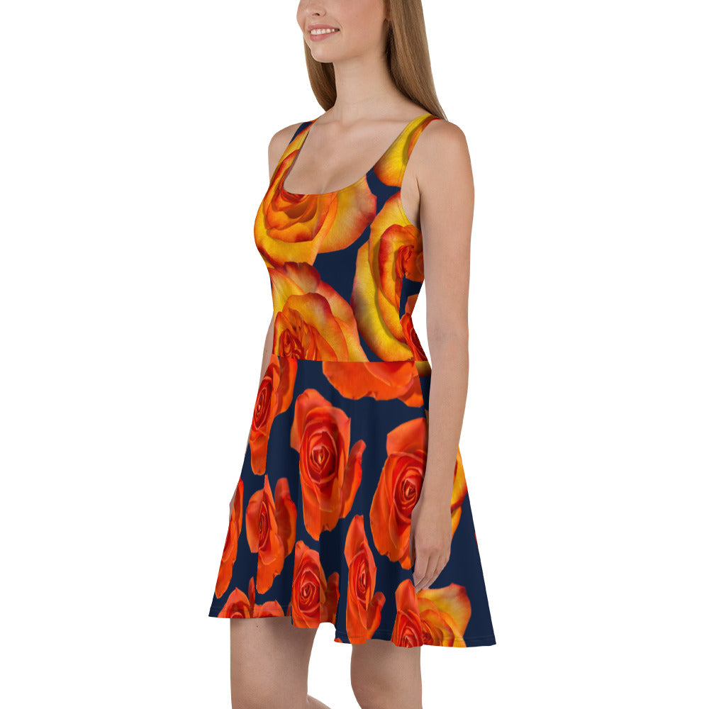 Purple Sky Orange Navy Floral Print Skater Dress