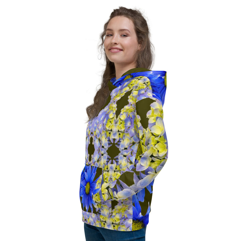 Purple Sky Designer Collection Blue and Yellow Floral Unisex Hoodie