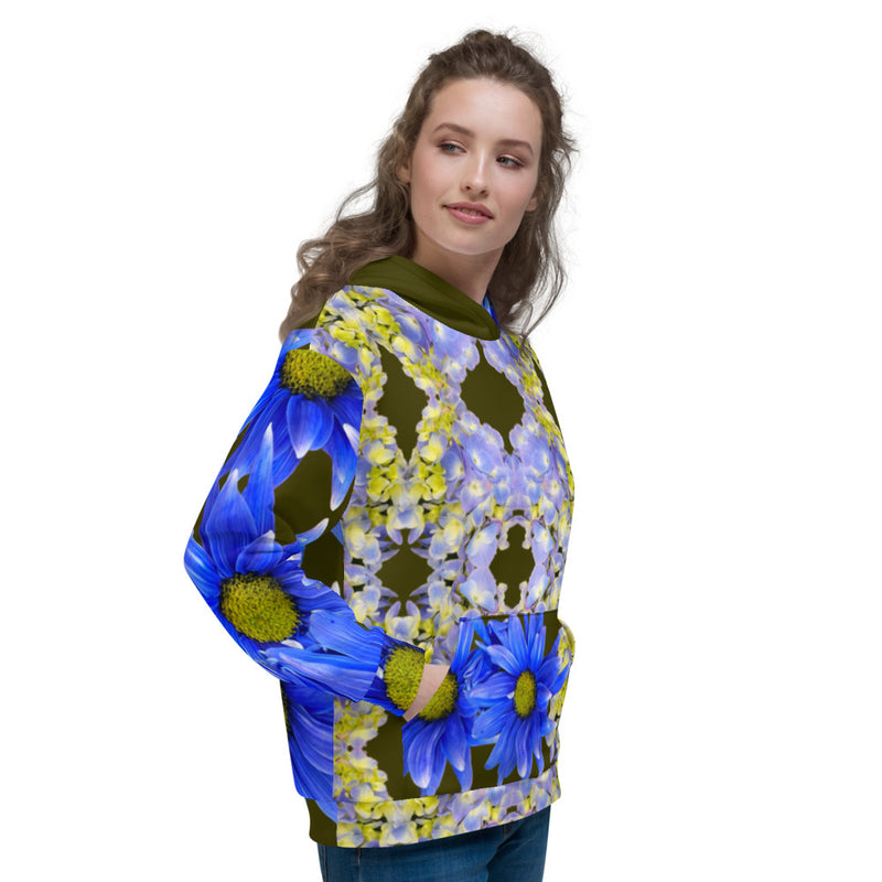 Purple Sky Designer Collection Blue and Yellow Floral Unisex Hoodie