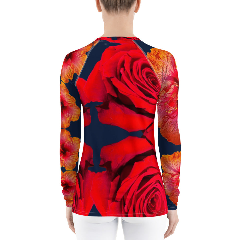 Purple Sky Red Orange Floral Print Women's Rash Guard