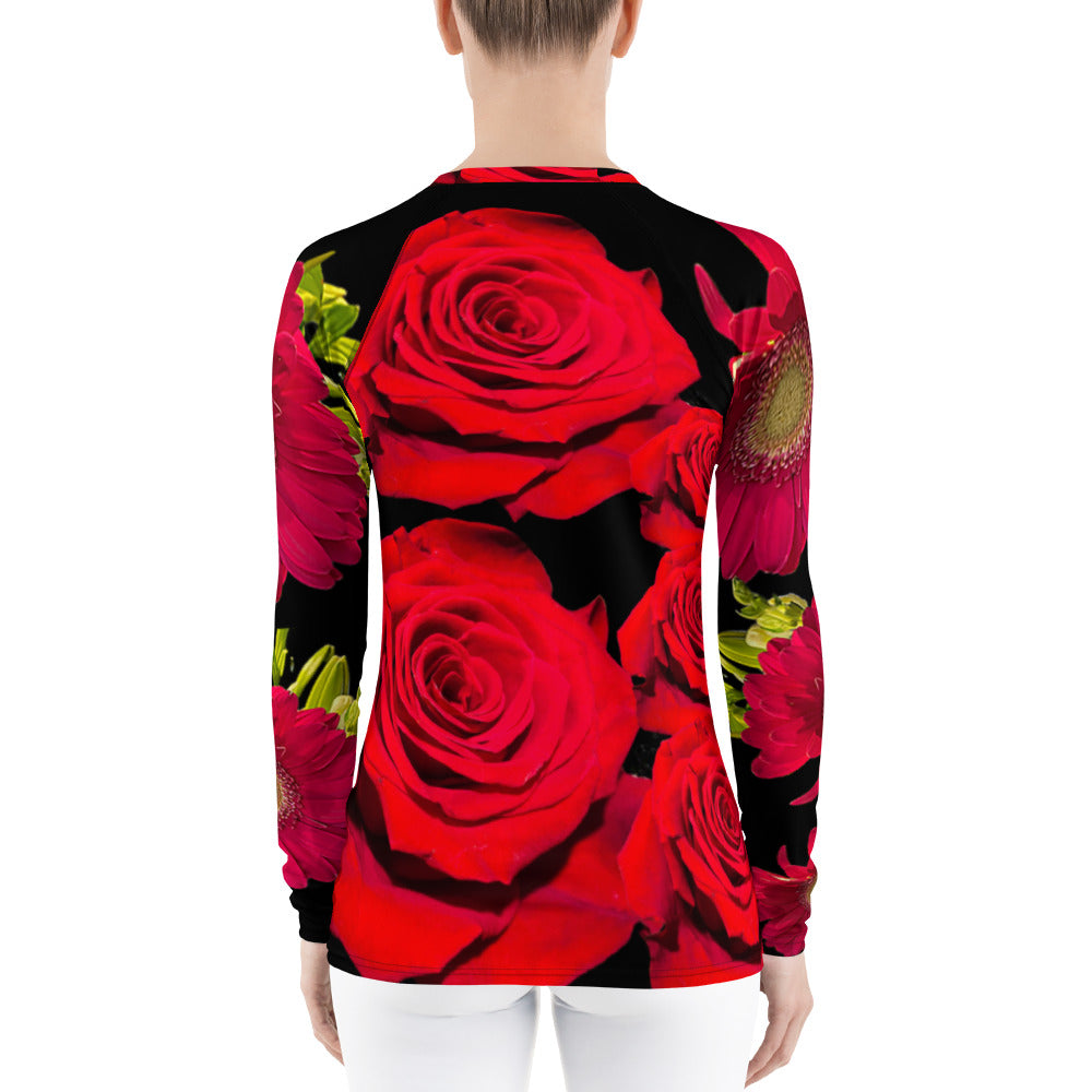 Purple Sky Red Floral Print Women's Rash Guard