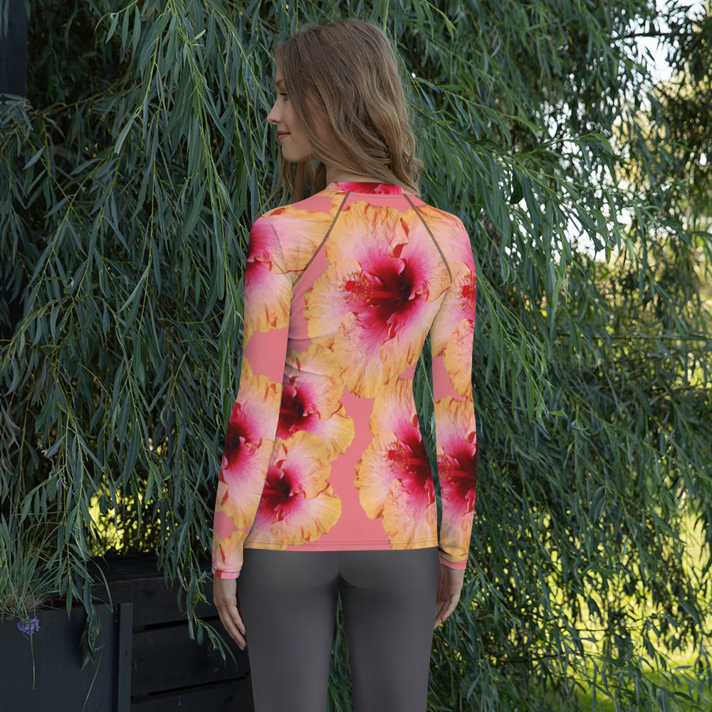 Purple Sky Peach Red Floral Print Women's Rash Guard