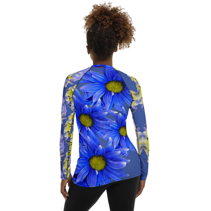 Purple Sky Blue Floral Print Women's Rash Guard