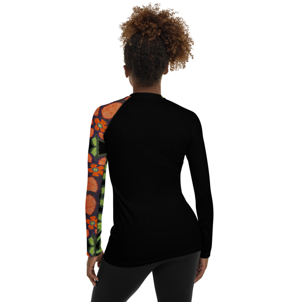 Purple Sky Black Mosaic Floral Women's Rash Guard