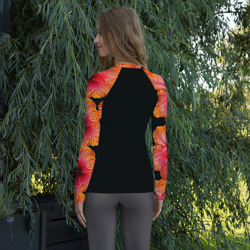 Women's Black and Orange Floral Rash Guard