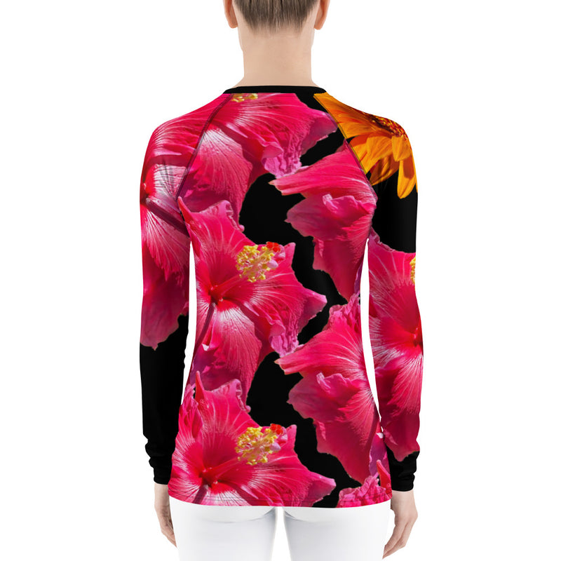 Women's Fuschia and Orange Floral  Black Rash Guard