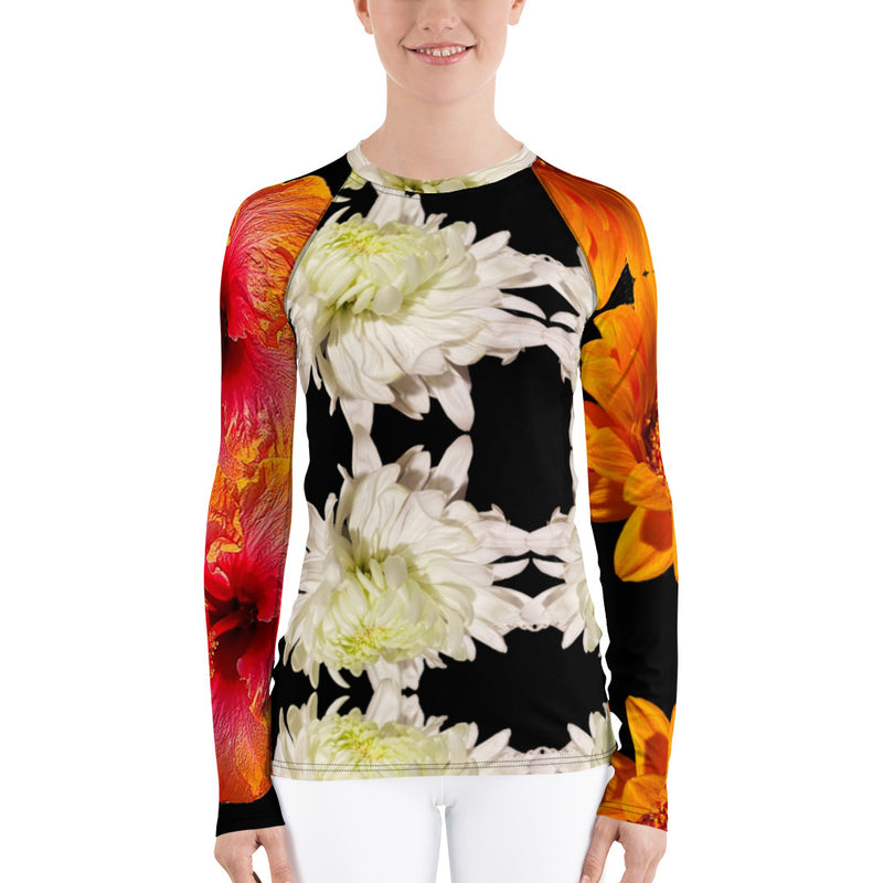 Purple Sky White Orange Floral Print Women's Rash Guard