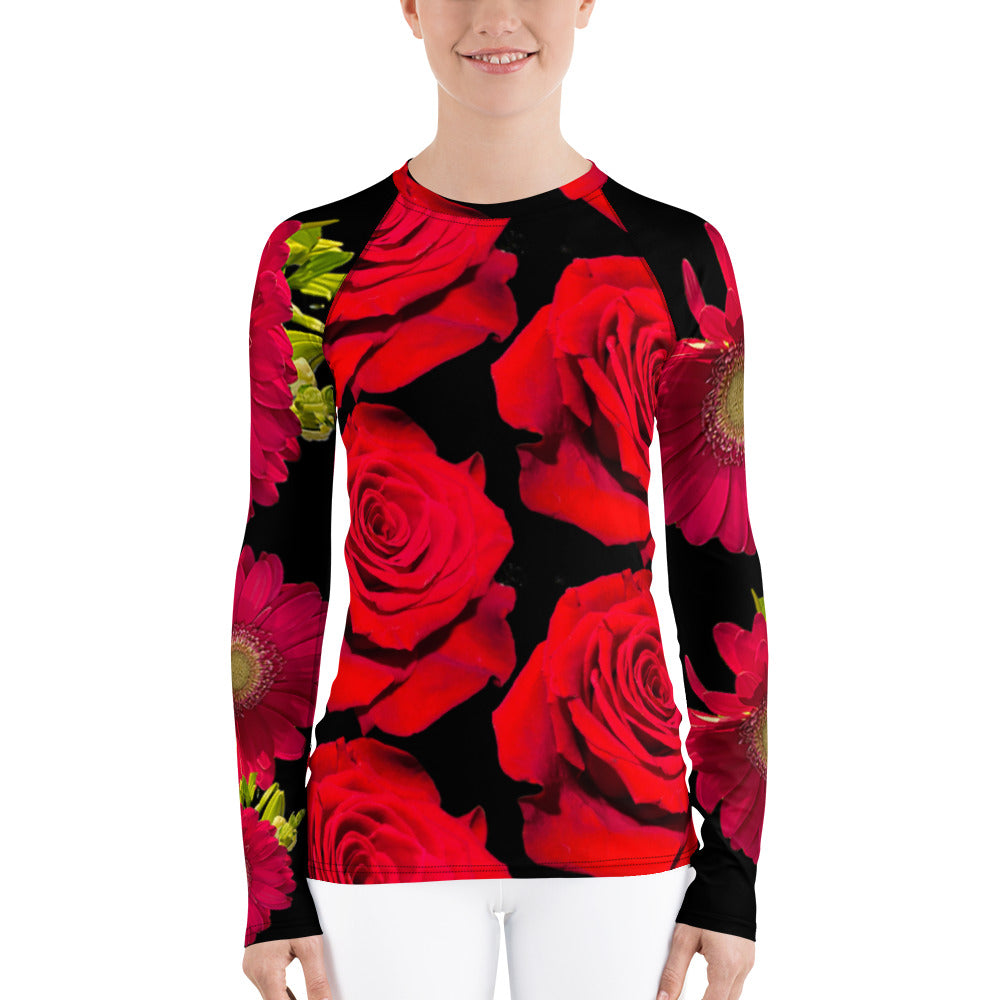 Purple Sky Red Floral Print Women's Rash Guard