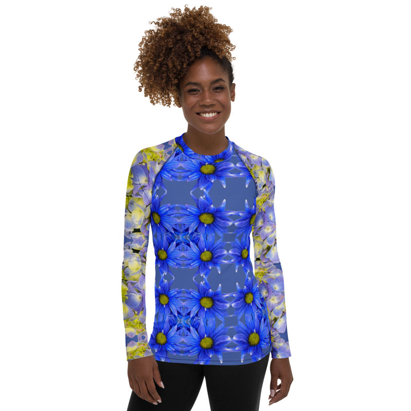 Purple Sky Blue Floral Print Women's Rash Guard