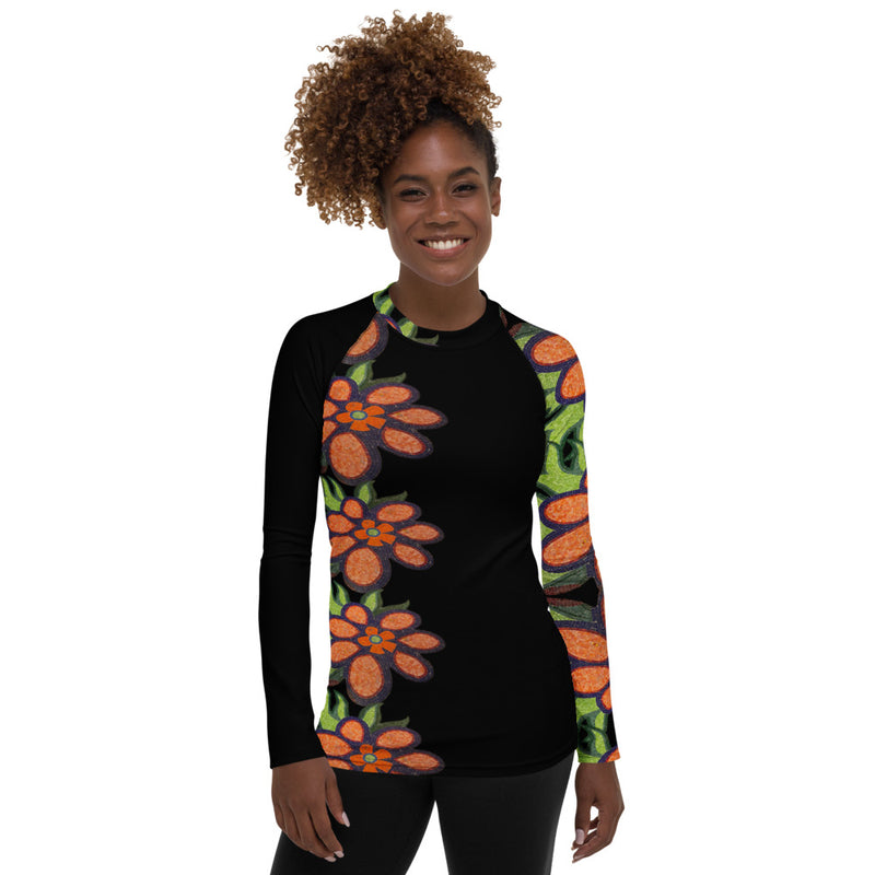 Purple Sky Black Mosaic Floral Women's Rash Guard