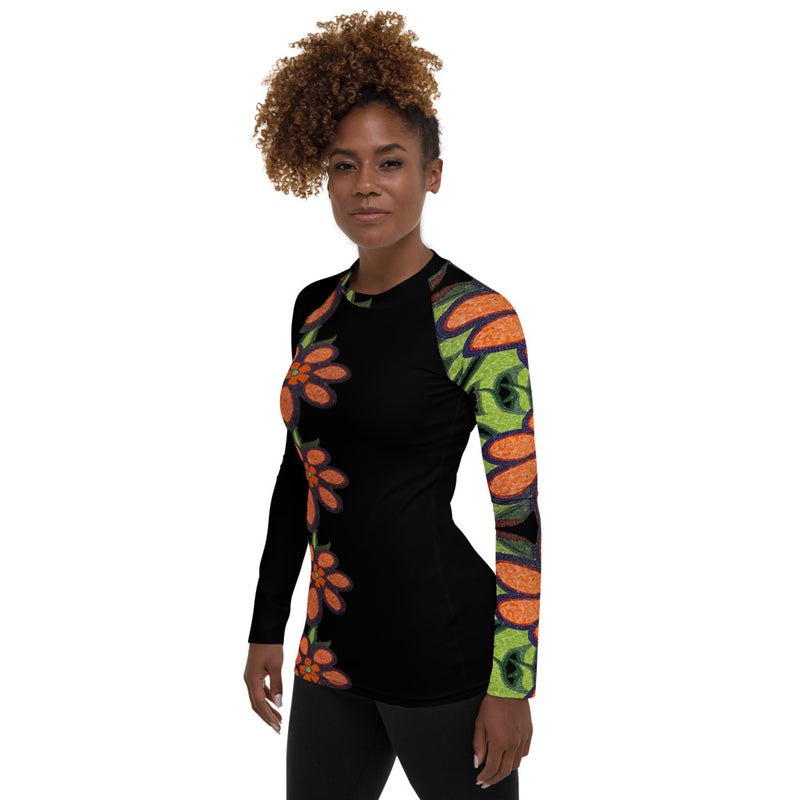 Purple Sky Black Mosaic Floral Women's Rash Guard