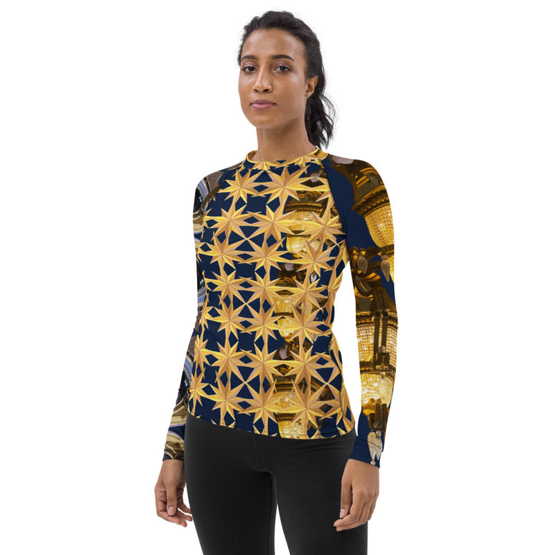 Women's Gold and Black Abstract Design Rash Guard