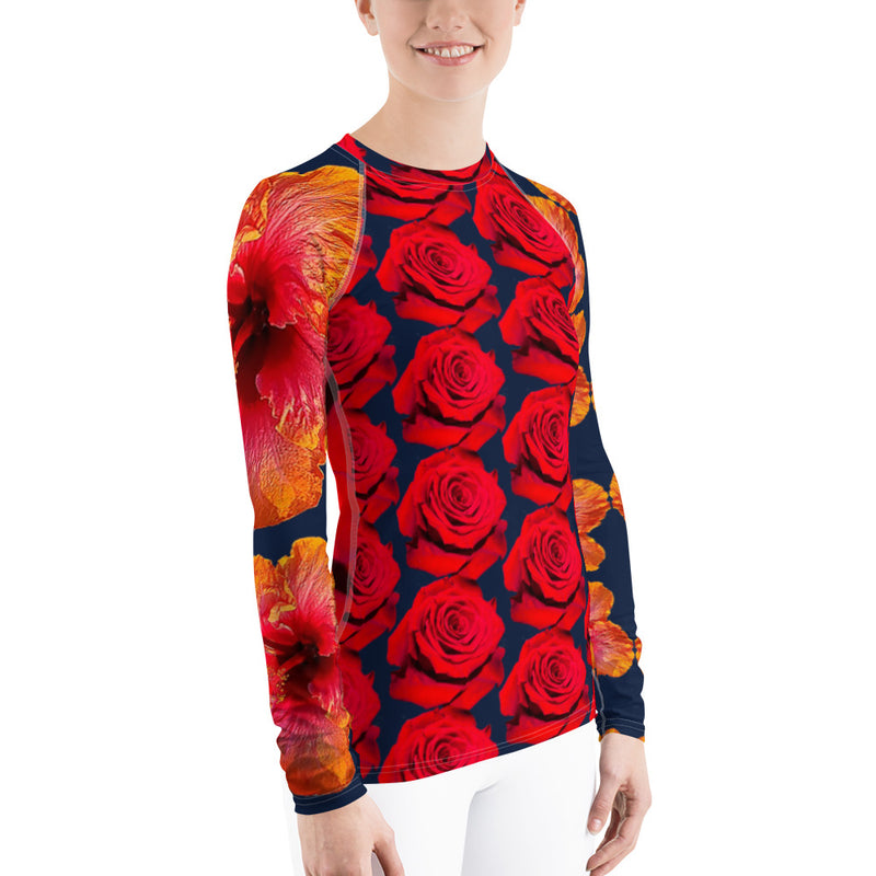 Purple Sky Red Orange Floral Print Women's Rash Guard