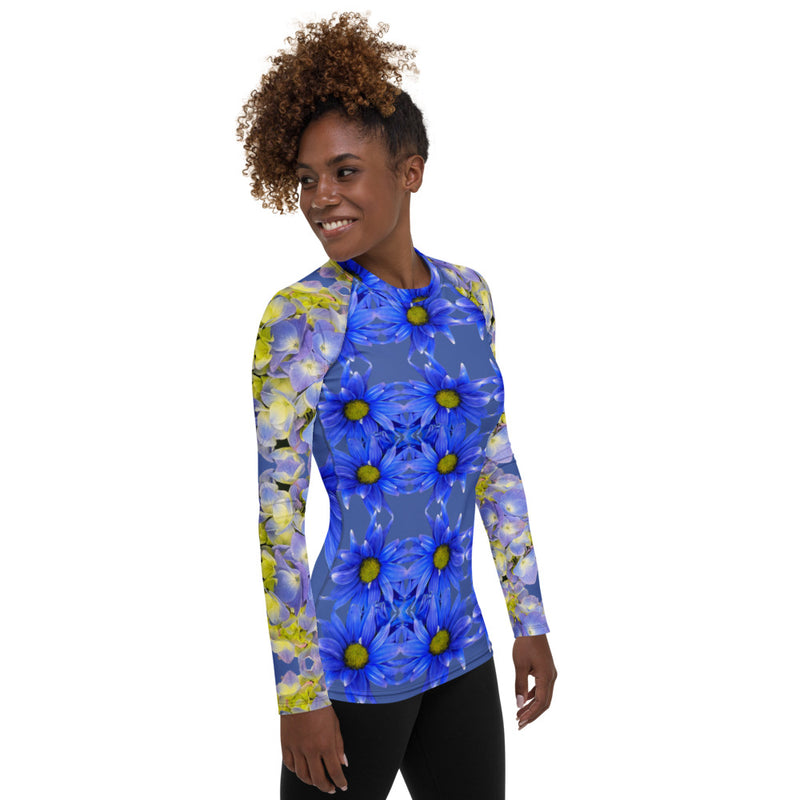 Purple Sky Blue Floral Print Women's Rash Guard