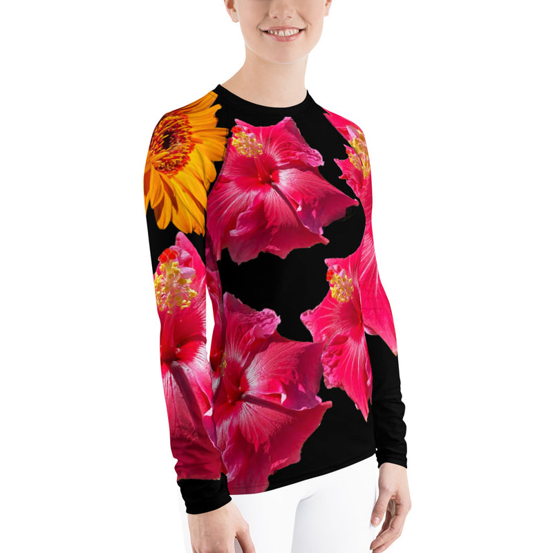 Women's Fuschia and Orange Floral  Black Rash Guard