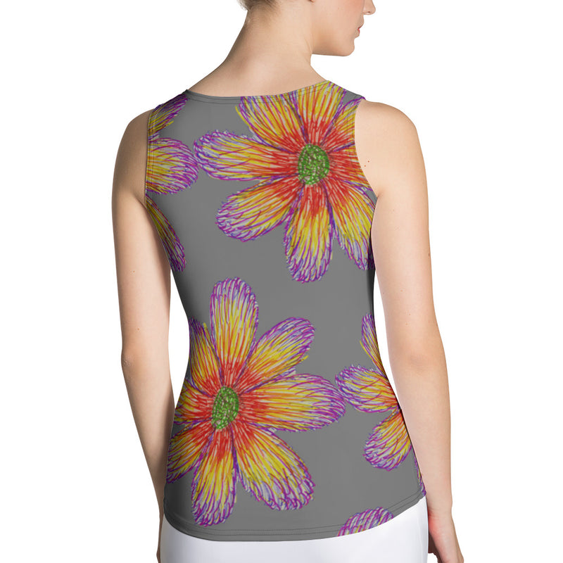 Purple Sky Floral Print Grey Structured Tank Top