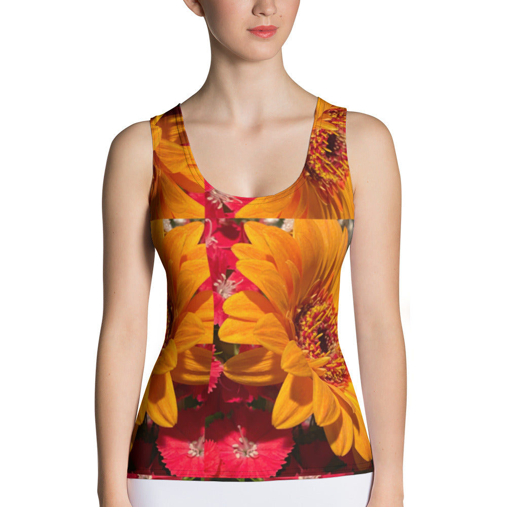 Purple Sky Orange Floral Print Structured Tank Top