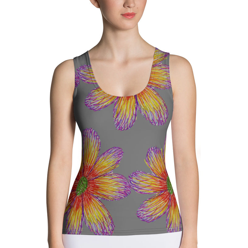 Purple Sky Floral Print Grey Structured Tank Top