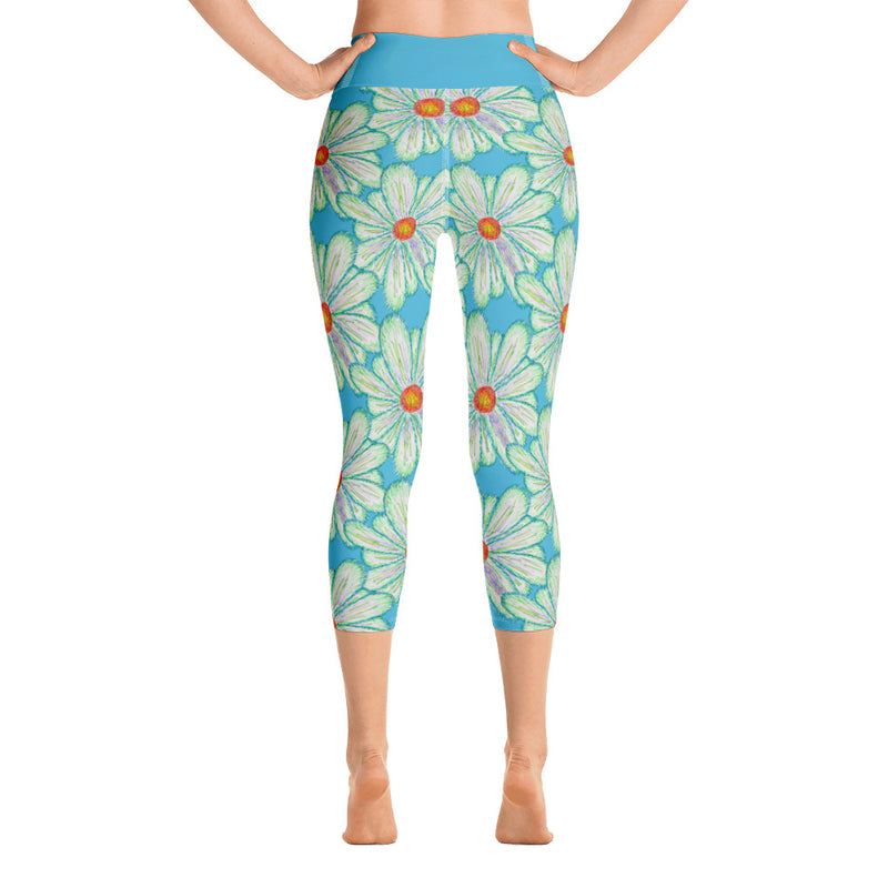 Purple Sky Turquoise Floral Print Yoga Capri Leggings