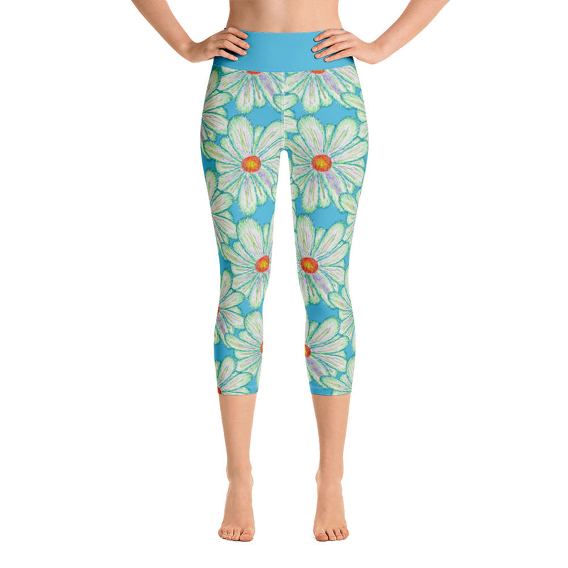 Purple Sky Turquoise Floral Print Yoga Capri Leggings