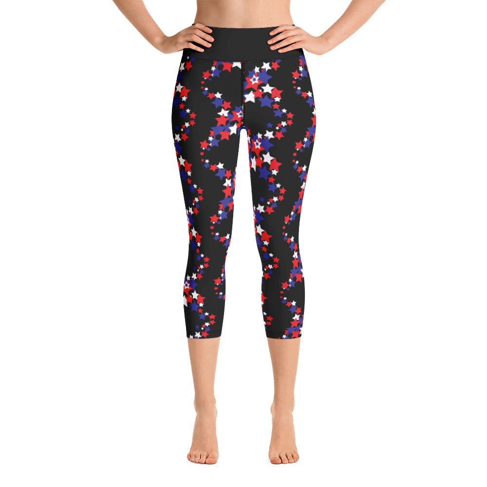 Purple Sky Black Patriot Print Yoga Capri Leggings