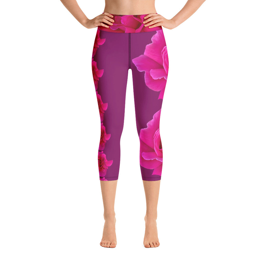 Purple Sky Red Floral Print Yoga Capri Leggings