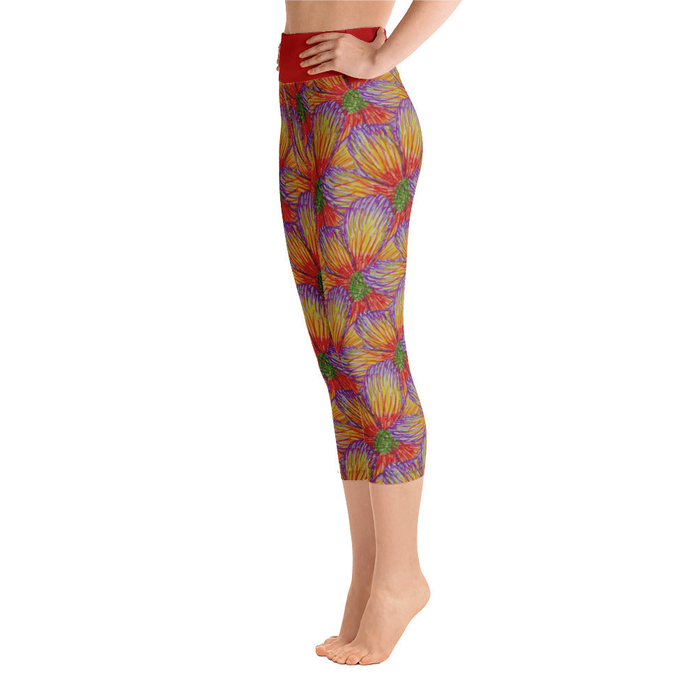 Purple Sky Red Floral Print Yoga Capri Leggings