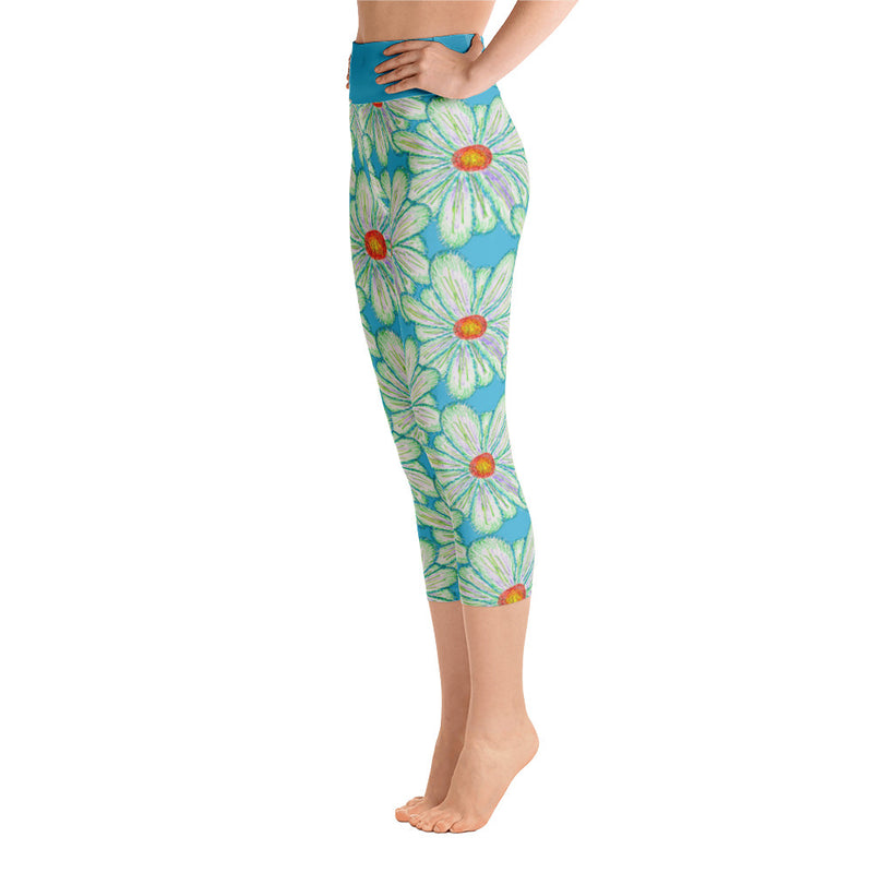 Purple Sky Turquoise Floral Print Yoga Capri Leggings