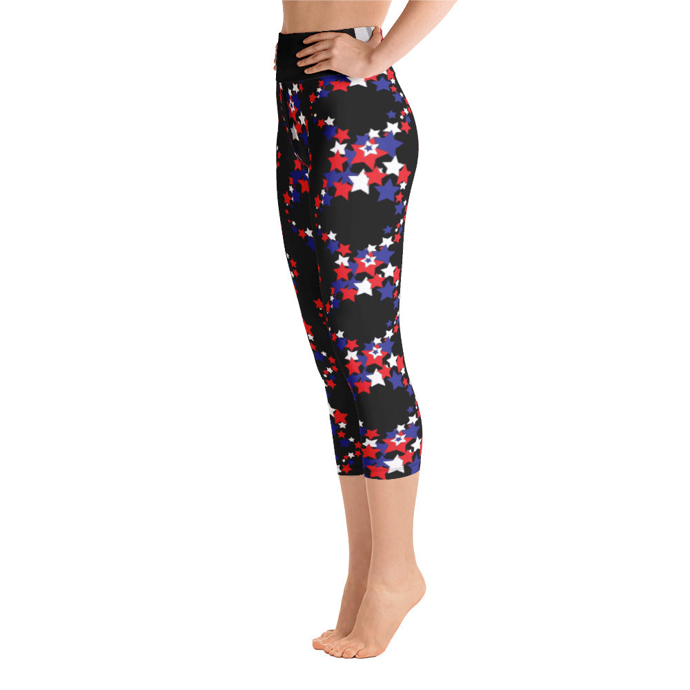 Purple Sky Black Patriot Print Yoga Capri Leggings